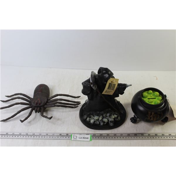 Grim Reaper and Spider Halloween Decorations + Harry Potter Coin bank