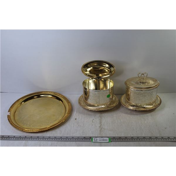 Plated Serving Tray and Tea Caddies