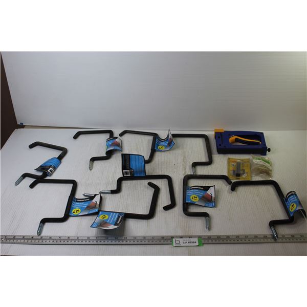 (9) Large Utility Hangers + Staple Gun + Misc.