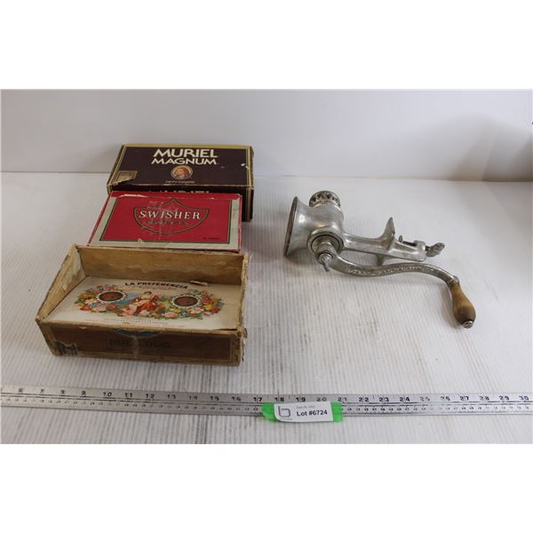 Vintage Meat Grinder, (3) Cigar Boxes