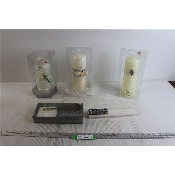 Assorted Wedding Items - (4) Candles, Wedding Pen Set