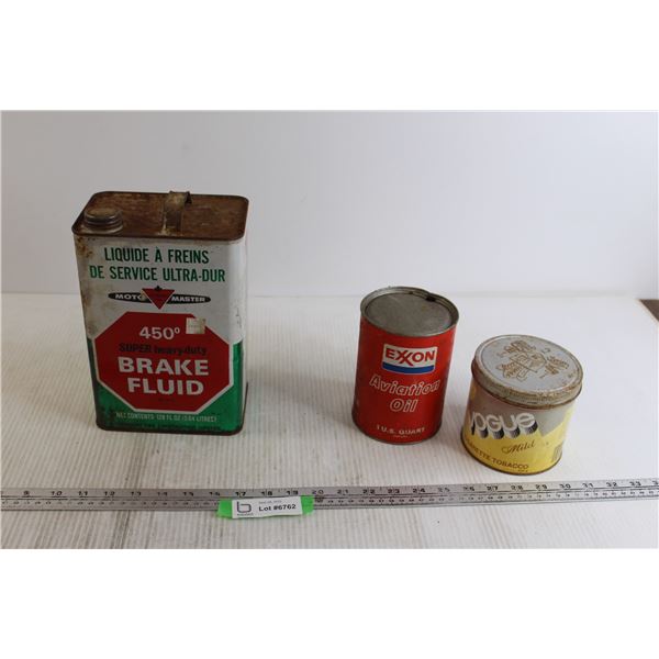 Canadian Tire Brake Fluid Container, Exxon Aviation Oil, Vogue Cigarette Tobacco Tin - All Empty