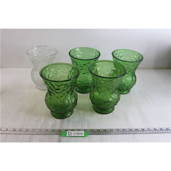 (4) Green Glass Vases, Clear Glass Vase