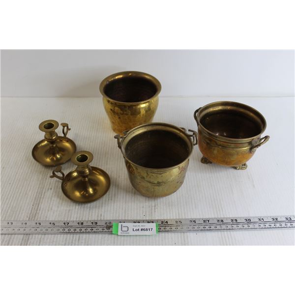 (3) Brass Pots, (2) Candleholders