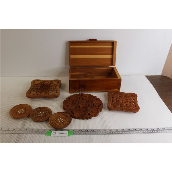 Wooden Box, (3) Trivets, (3) Coasters