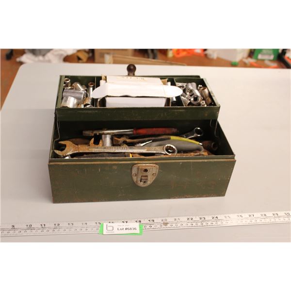 Metal Toolbox with Assorted Sockets, Wrenches, and Tools
