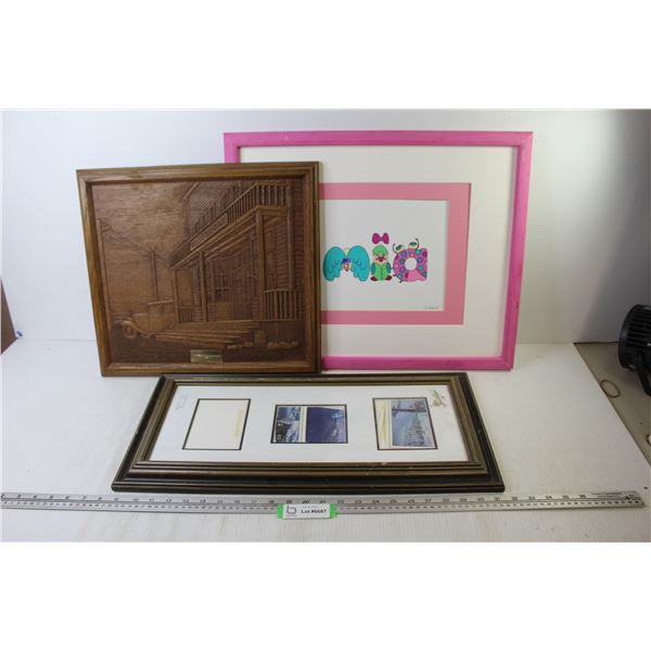 Wood Carved Picture - Print in Pink Frame - Photo Holder