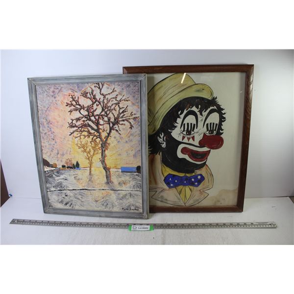 (2) Framed Painting of Clown (16 3/4" x 21") - Framed Oil Painting (17 1/2" x 23 3/4" - done w/knive