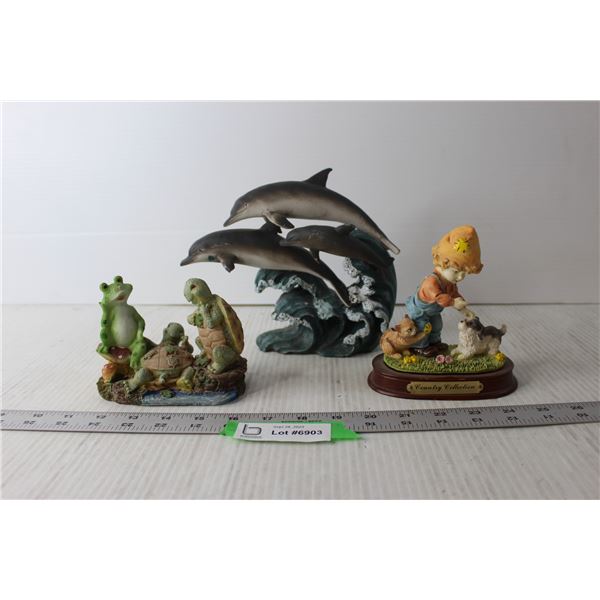 (3) Figurines - Dolphins, Child, Turtles