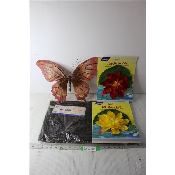 Plastic Welcome Matt, Butterfly and Flower Decorations