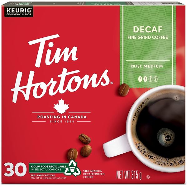 NEW BOX OF 30 TIM HORTONS DECAF KEURIG COFFEE PODS