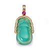 Image 1 : Unusual Green Chalcedony Carving Mounted in 18K Gold, Ruby & Diamond Pendant