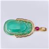 Image 3 : Unusual Green Chalcedony Carving Mounted in 18K Gold, Ruby & Diamond Pendant