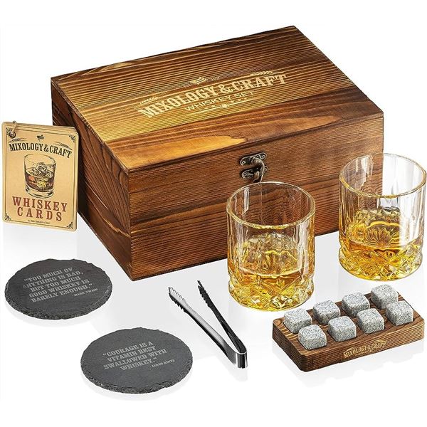 Lot of 1 Mixology & Craft 15 PC Rustic Whiskey Set w/ Twisted Glasses