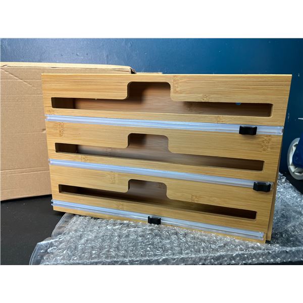 Lot of 1 3-Grid Bamboo Kitchen Food Wrap Dispenser/Cutter for Foil, Cling Wrap, etc.