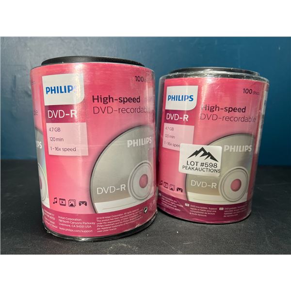 Lot of 2 Packs of Philips DVD-R Discs; 100 discs per pack