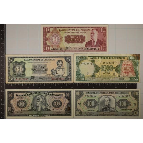 2 PARAGUAY & 3- ECUADOR BILLS: 5 & 10 GUARANIES