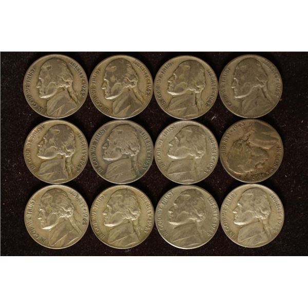 12-35% SILVER JEFFERSON WAR NICKELS 1942-1944