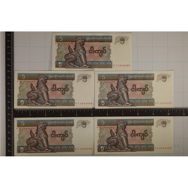 5-BANK OF MYANMAR 5 KYATS CRISP UNC BILLS WITH