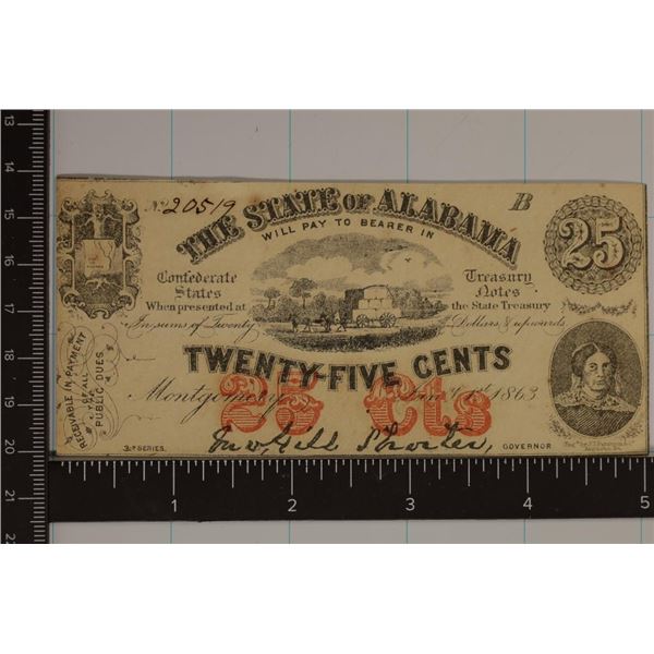 1863 STATE OF ALABAMA 25 CENT FRACTIONAL CURRENCY