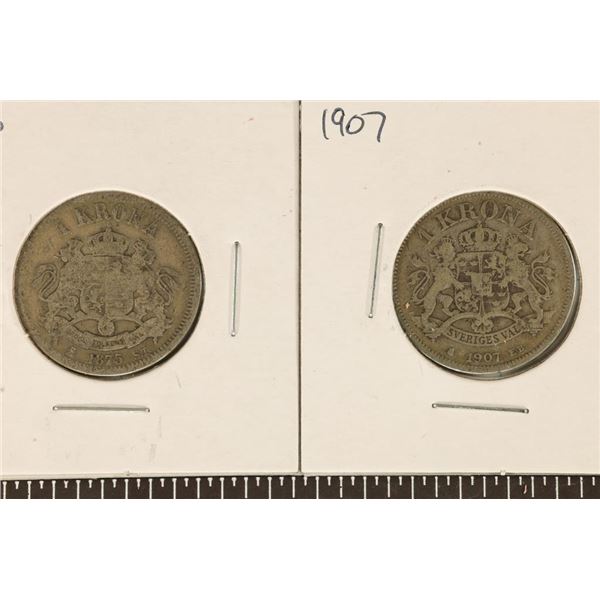 1875 & 1907 SWEDEN SILVER 1 KRONA .3858 OZ. ASW