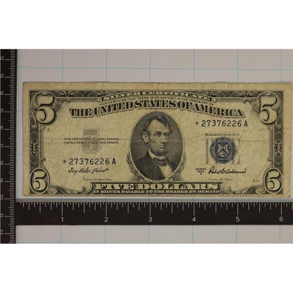 1953-A STAR NOTE US $5 SILVER CERTIFICATE BLUE