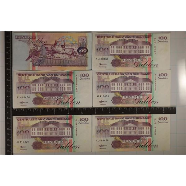 6-BANK OF SURINAM 100 GULDEN CRISP UNC BILLS