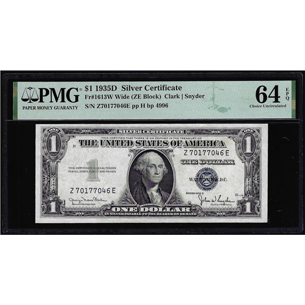 1935D $1 Silver Certificate Note Fr.1613W Wide PMG Choice Uncirculated 64EPQ