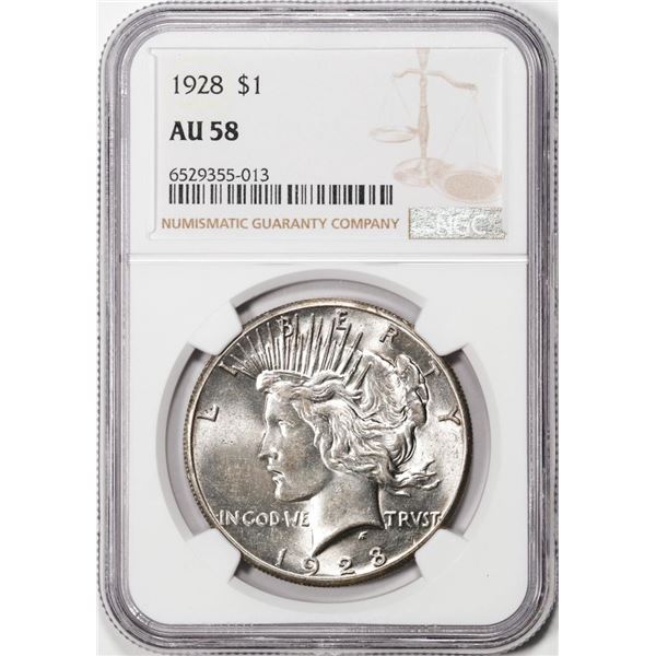 1928 $1 Peace Silver Dollar Coin NGC AU58