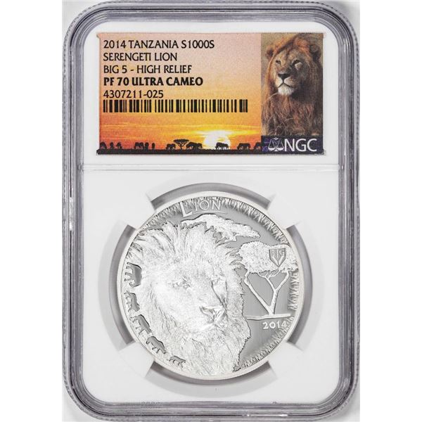 2014 Tanzania 1000 Shillings Serengeti Lion Big 5 HR Silver Coin NGC PF70 Ultra Cameo