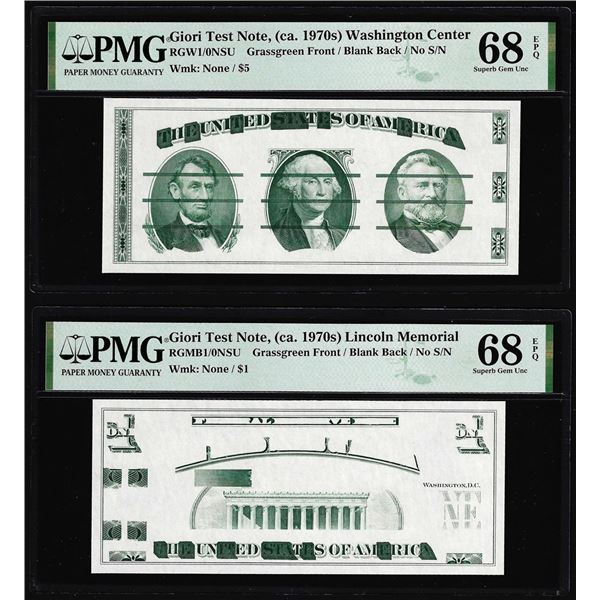 Set of Giori Test Note Washington & Lincoln Memorial PMG Superb Gem Unc 68EPQ