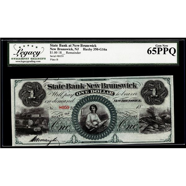 1800's $1 State Bank at New Brunswick, NJ Obsolete Note Legacy Gem New 65PPQ