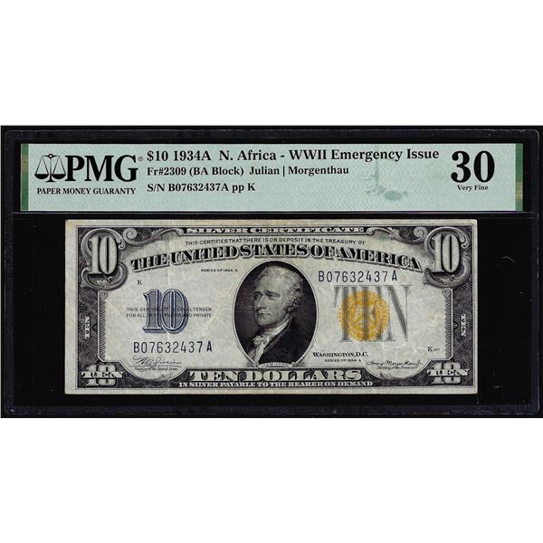 1934A $10 North Africa WWII Emergency Issue Silver Certificate Note PMG Very Fine 30
