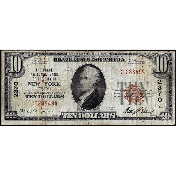 1929 $10 Chase National Bank of New York, NY CH# 2370 National Currency Note