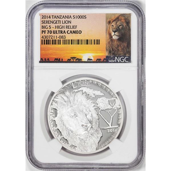 2014 Tanzania 1000 Shillings Serengeti Lion Big 5 HR Silver Coin NGC PF70 Ultra Cameo