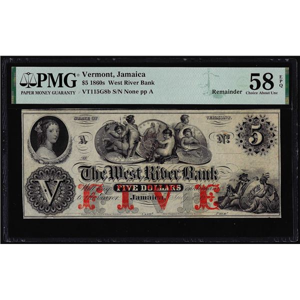 1860s $5 West River Bank Jamaica Obsolete Note Remainder PMG Choice About Unc 58EPQ