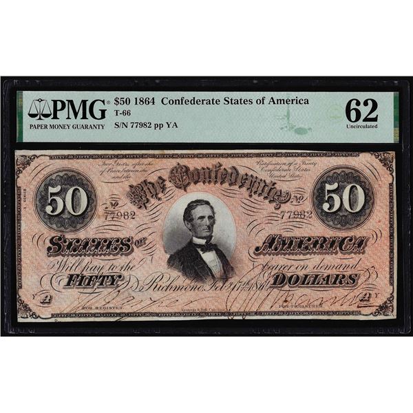 1864 $50 Confederate States of America Note T-66 PMG Uncirculated 62