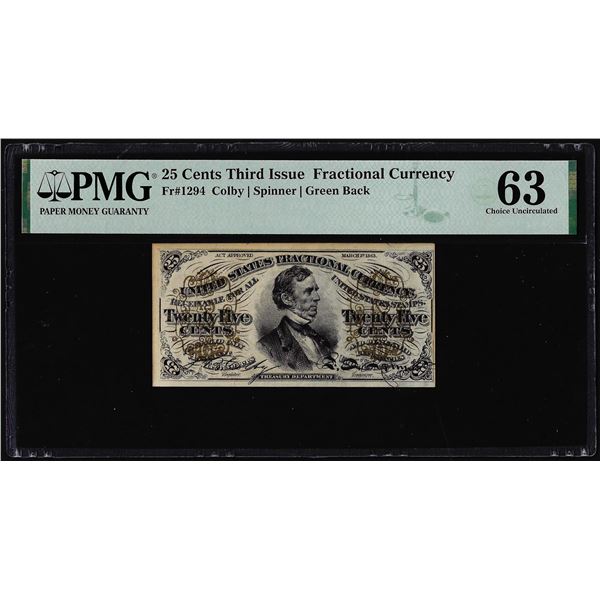 1863 Third Issue 25 Cent Fractional Currency Note Fr.1294 PMG Choice Uncirculated 63