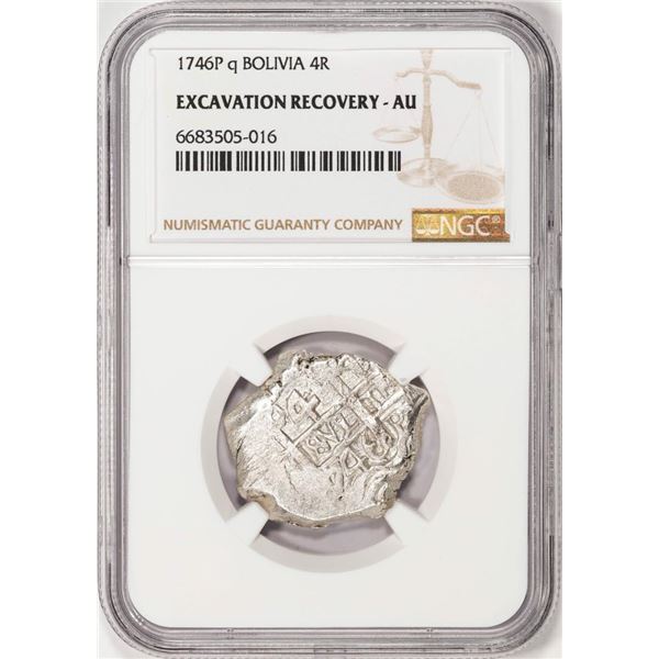 Shipwreck 1746P q Bolivia 4 Reales Silver Coin NGC AU Excavation Recovery