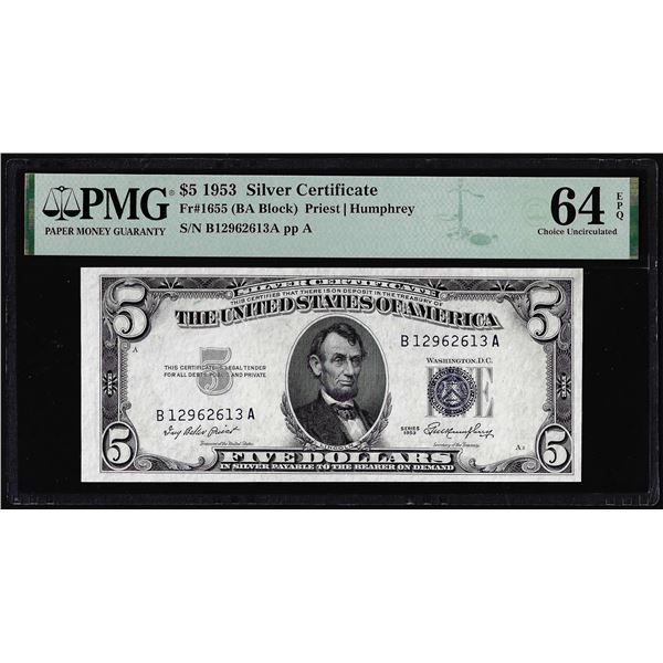 1953 $5 Silver Certificate Note Fr.1655 PMG Choice Uncirculated 64EPQ