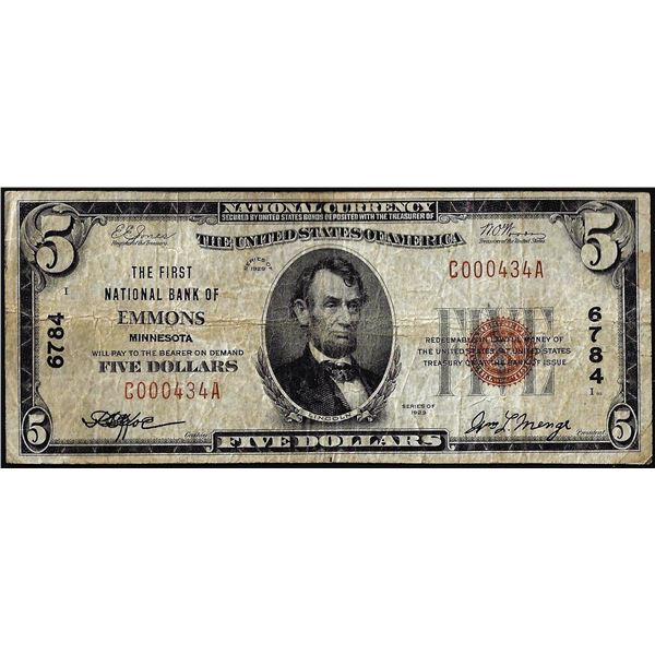 1929 $5 The First National Bank of Emmons, MN CH# 6784 National Currency Note