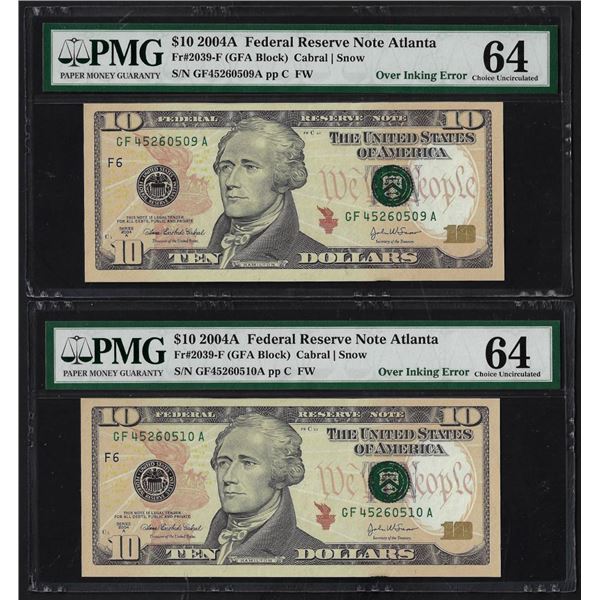 (2) Consec. 2004A $10 Federal Reserve Over Inking Error Notes PMG Ch. Uncirculated 64