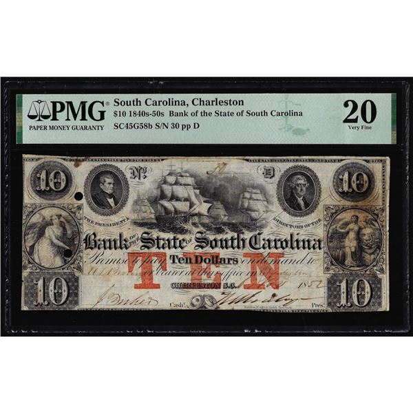 1840s-50s $10 Bank of the State of South Carolina Obsolete Note PMG Very Fine 20