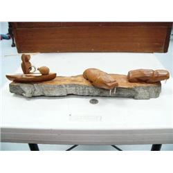 Cotton Wood Carved Kayaker Walruses 20"