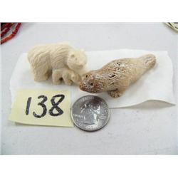 Lot of 2 carvings - Mammoth Ivory  Bear 1.5" / Seal 2.5"