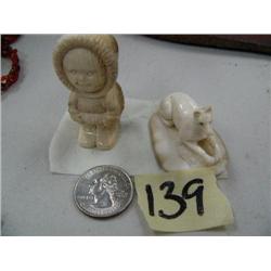 Lot of 2 carvings - Bone Carved Eskimo 2" / Mammoth Ivory Dog 1.5"