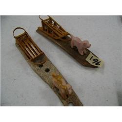 Lot of 2: Soap Stone, Wood, Bone Sled Dog 6.5"