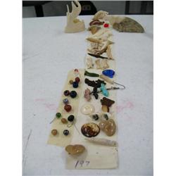Lot of: Whale's Tail, Small Carved Fish, Bird, Mermaid, Stag Antler, Butterfly, Frog, Trade beads  B