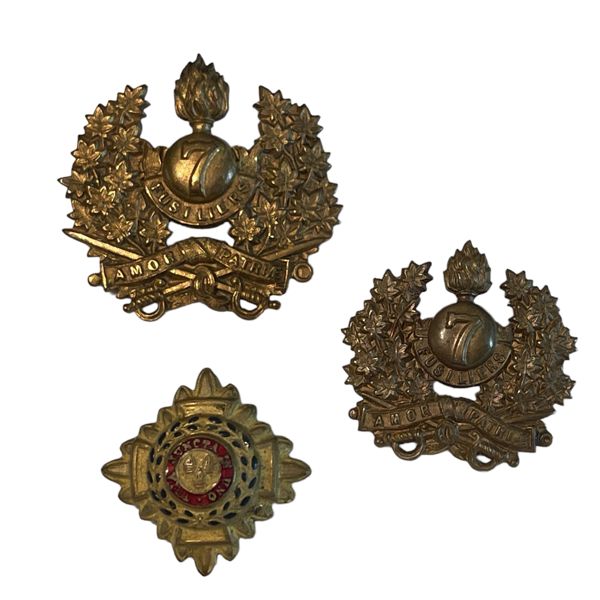 WW1 7th Fusiliers Cap, Collar and PIP Badge Lot of 3