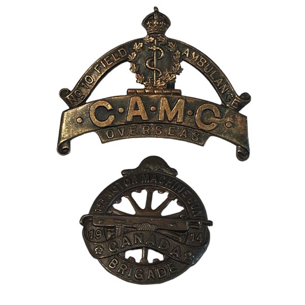 WW1 10th Canadian Field Ambulance Shoulder Title Badge  & 1st Motor Machine Brigade Collar Badge
